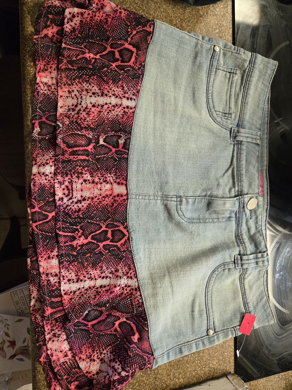 GLO jeans Light Wash Denim Mini Skirt with Pink & Black Snake-Print Hem
